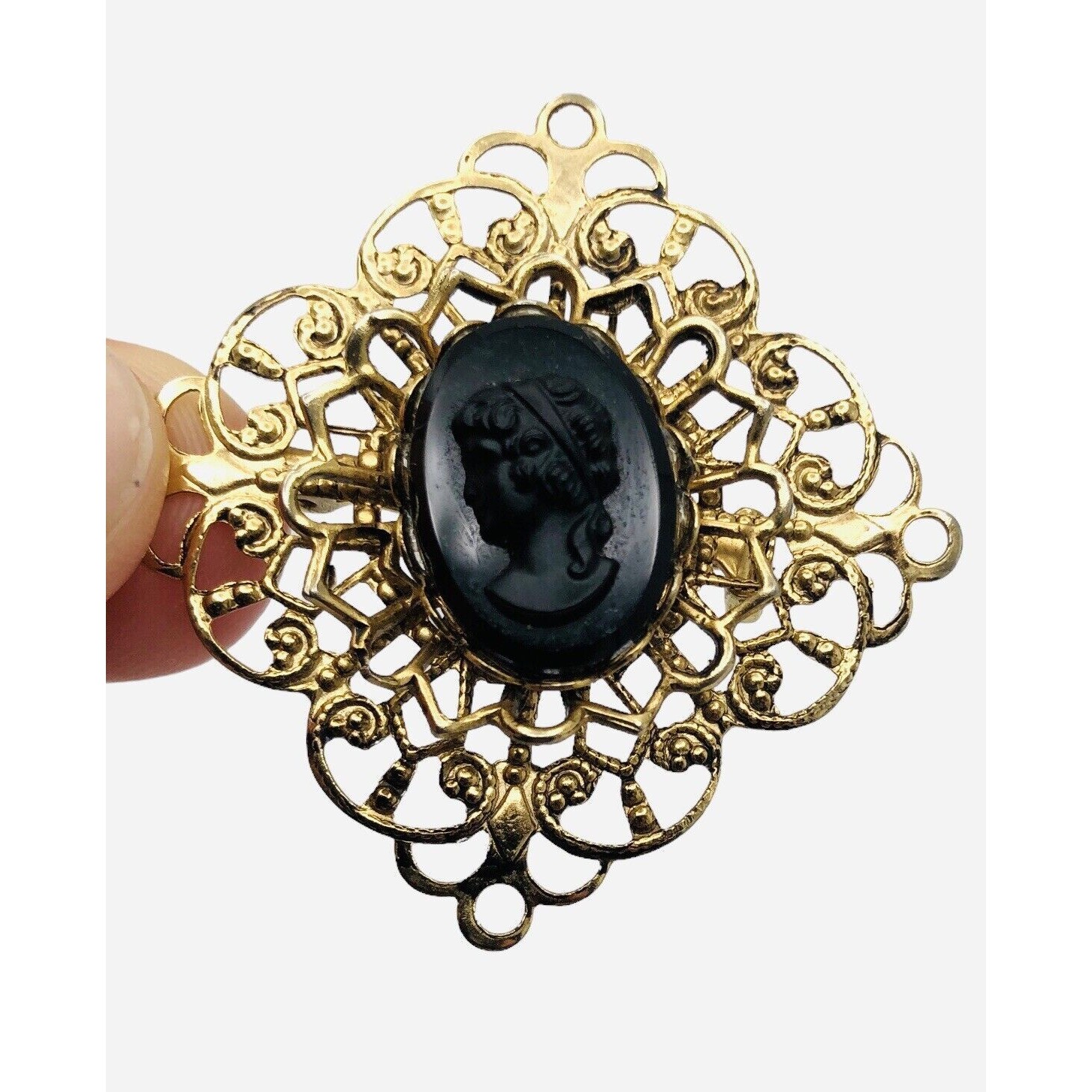 Vintage Black On Black Brooch Mounted On Gold Toned Filigree Costume Jewelry 8$